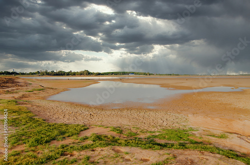 Dried lake and river on summer, Water crisis at thailand and Climate change or drought concept. 