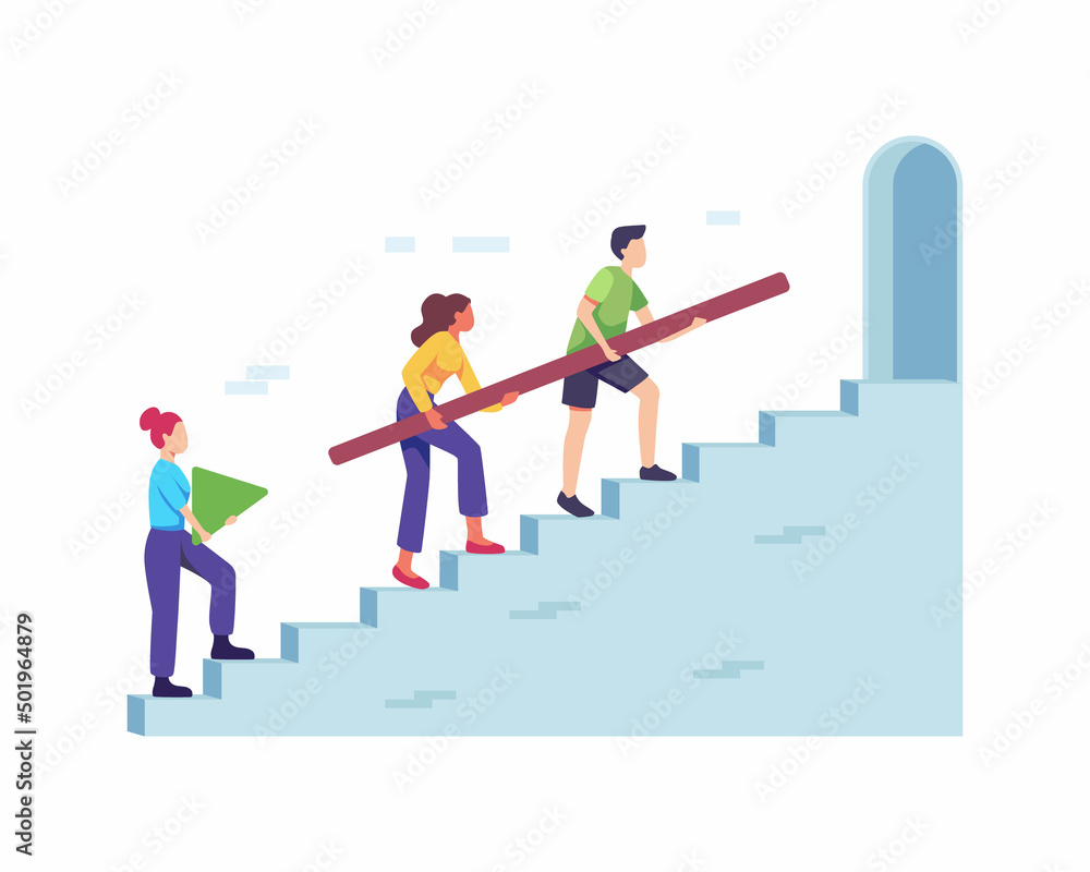 Team of business people climbing stairs together