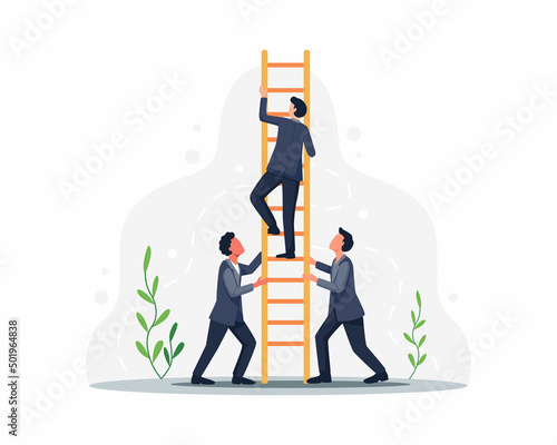 Group of employees climbing up together and supporting
