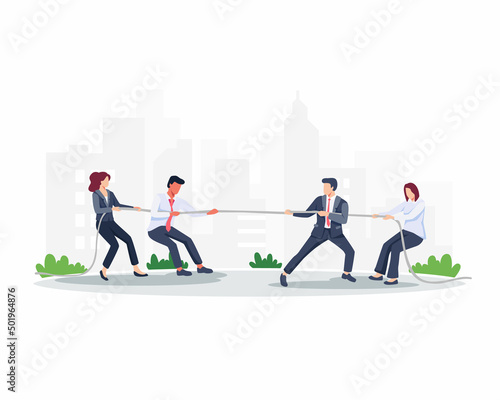 Group of employees play tug of war