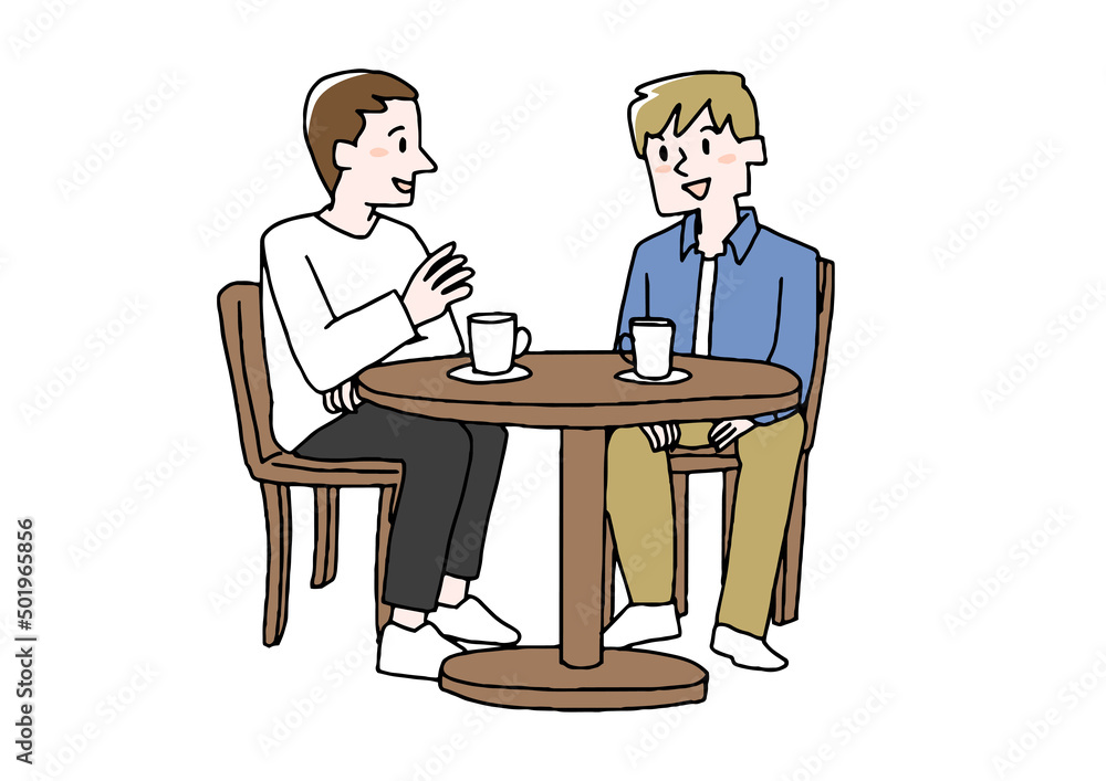 カフェでコーヒーを飲みながら語る男性達　心から信頼できる男性同士との集まり　コミカルな人物
