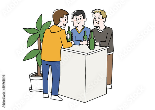 立ち飲み席でビールを飲みながら話す男性達　心から信頼できる男性同士との集まり　コミカルな人物ベクター