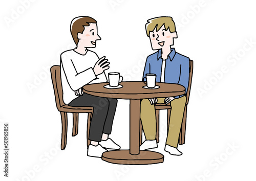 カフェでコーヒーを飲みながら語る男性達　心から信頼できる男性同士との集まり　コミカルな人物
