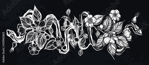 Vector illustration. Snake and rosehips, card for you, line art style, background chalkboard, Handmade