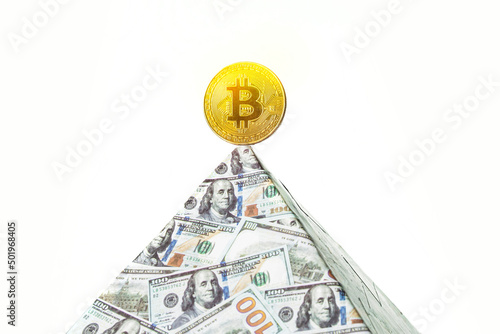 Bitcoin gold coin and white background. Virtual cryptocurrency concept. bitcoin growth. success of the crypto currency. global financial pyramid of cryptocurrencies