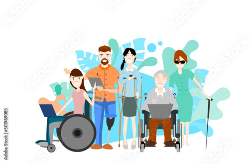 Happy handicapped group. Technology for the disabled. Flat design vector illustration.