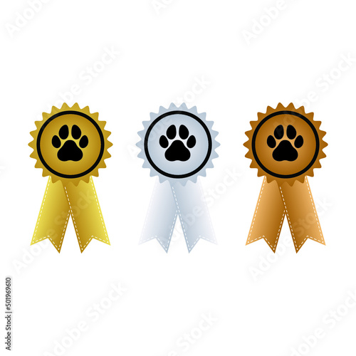 Golden, silver and bronze dog award ribbon with dog paw