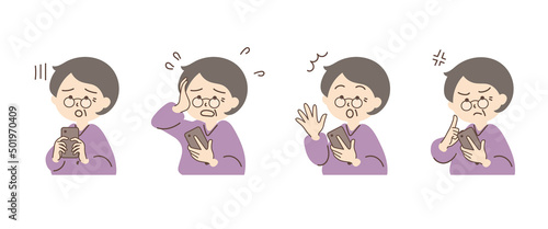 スマホを持つ女性のシンプルなイラストセット_D04【シルバーグレーの髪】