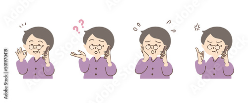 スマホで通話している女性のシンプルなイラストセット_D05【シルバーグレーの髪】