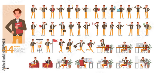 Big Set of businessman character vector design. Presentation in various action. People working in office planning, thinking and economic analysis.