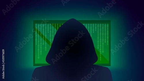 Hacker silhouette and laptop with green binary code photo