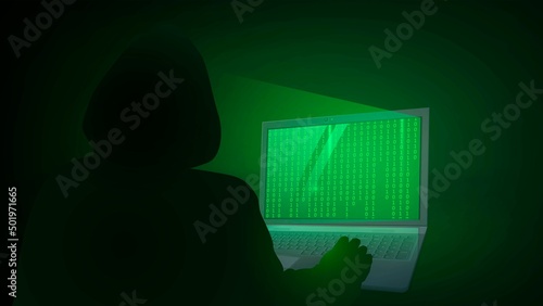 Hacker silhouette and laptop with green binary code