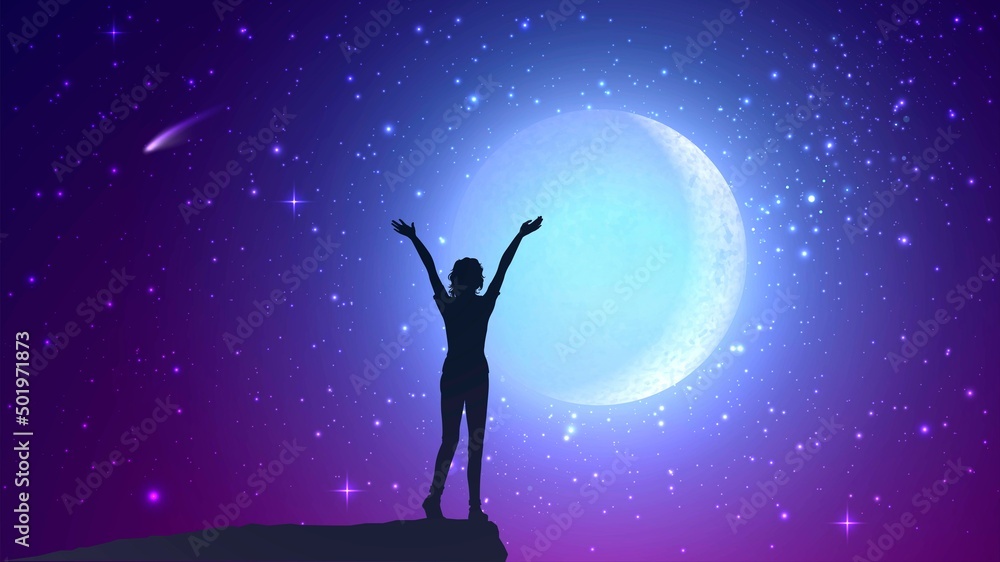 Silhouette of a woman with her hands raised up and a big moon Silhouette of a woman with her hands raised up and a big moon
