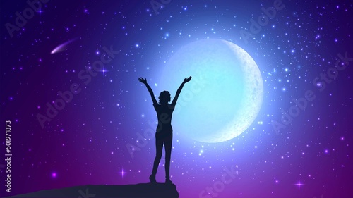 Silhouette of a woman with her hands raised up and a big moon