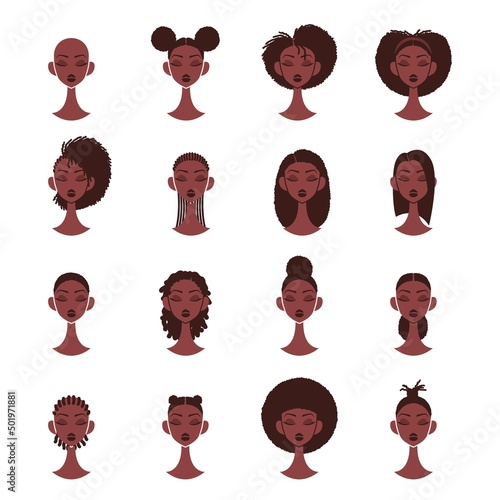 Set of afro hairstyles isolated on white background