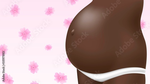 Belly of an African American pregnant woman on a pink background with flowers