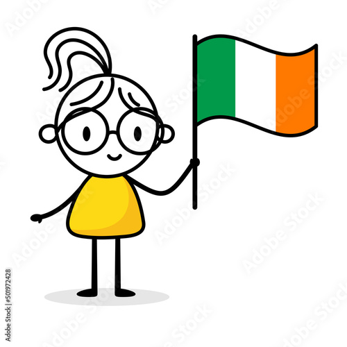 Woman holding flag of Ireland isolated on white background. Hand drawn doodle line art man. Concept of country. Vector stock illustration