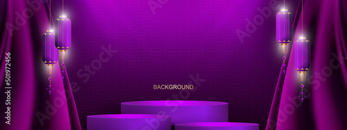 Stage with curtains and burning lanterns, composition in purple hue
