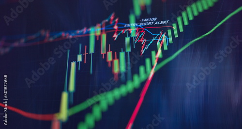 Candle stick graph chart of stock market investment trading. The Forex graph chart on the digital screen. Bar graphs, Diagrams, financial figures. Forex chart. photo