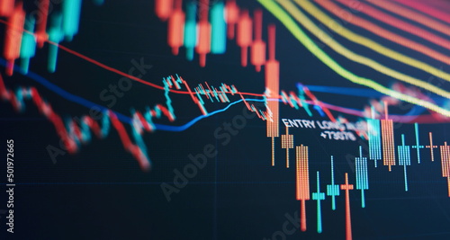Photography Candle stick graph chart of stock market investment trading
