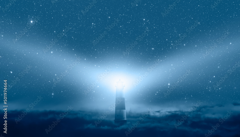 Night sky with super full moon in the clouds, on the foreground lighthouse Night sky with super full moon in the clouds, on the foreground lighthouse