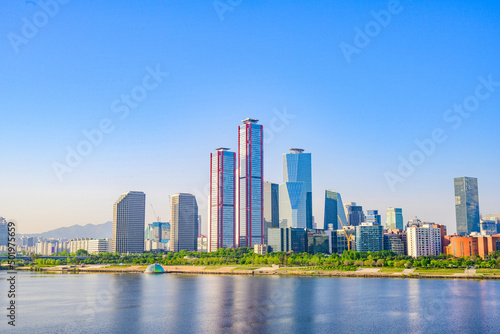 Skyscrapers in Yeouido  Han River  Seoul  taken in the morning