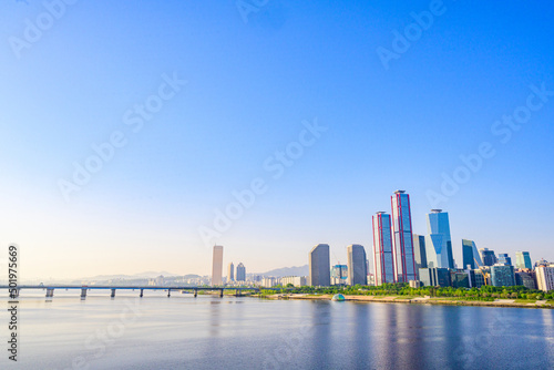 Skyscrapers in Yeouido  Han River  Seoul  taken in the morning