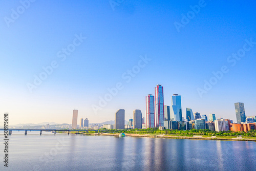 Skyscrapers in Yeouido, Han River, Seoul, taken in the morning