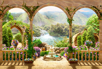 Fotobehang Hotel Bergmeer met watervallen 3D-illustratie  © ART-poster