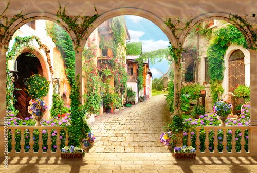 Obraz 3d image. Old Town, Street, 3d wallpaper and mural. Wallpaper on the wall.