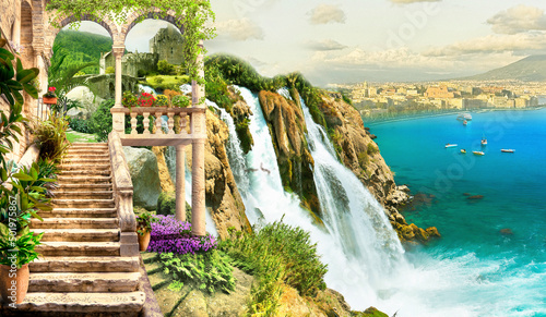 Fototapeta Naklejka Na Ścianę i Meble -  An old house with columns on the cliff of the mountain. 3d murals. 3d image. Wallpaper on the wall.