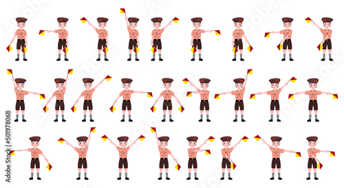 Indonesian boy scout cartoon holding semaphore flag vector flat illustration