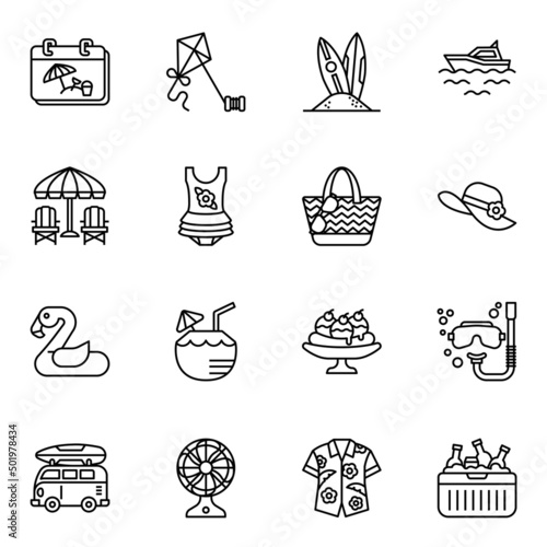 Summer tropical beach icons set 2 with white background. thin line style stroke vector.
