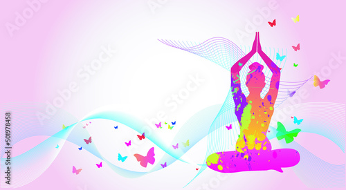 Colorful sport background. Yoga logo design. Ballerina in dance. Butterfly, Silhouettes, Exercises, Fitness, Healthcare, Medical, Icon, Symbol. Vector illustration.