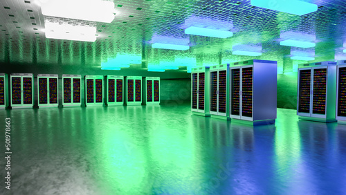 Servers. Servers room data center. Backup, mining, hosting, mainframe, farm and computer rack with storage information. 3d rendering
