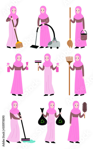 cartoon Muslim woman holding cleaning tools illustration vector flat