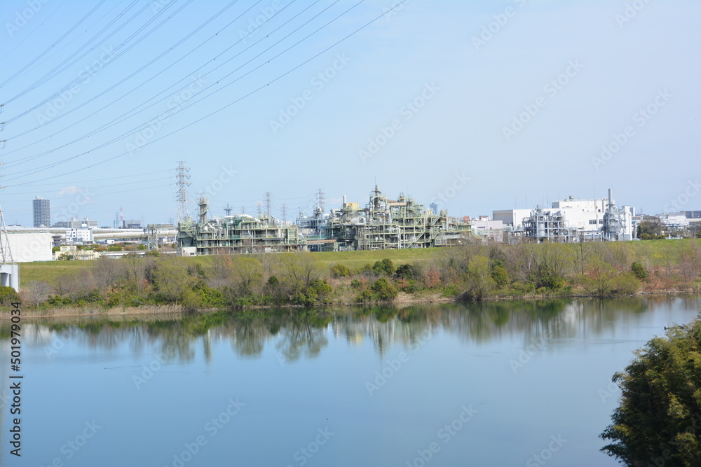 Arakawa, Sakitama Bridge in Japan. The riverside factory. Arakawa, Sakitama Bridge in Japan. The riverside factory.