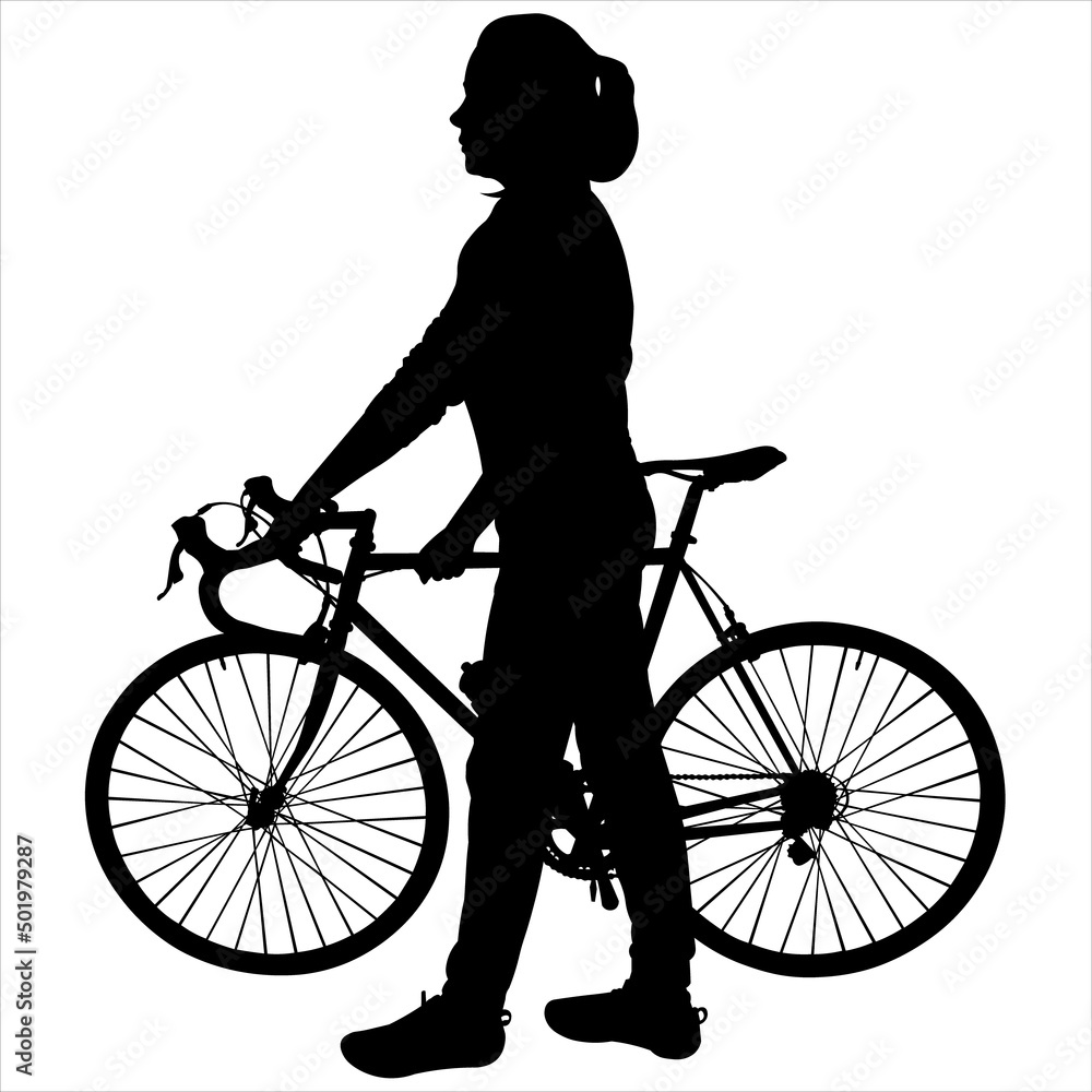 A young girl in a sports uniform, with a tail of hair on her head. The girl is holding a bicycle with her hands. Biking. Cyclist. Road bike. Side view. Black female silhouette isolated on white. A young girl in a sports uniform, with a tail of hair on her head. The girl is holding a bicycle with her hands. Biking. Cyclist. Road bike. Side view. Black female silhouette isolated on white.