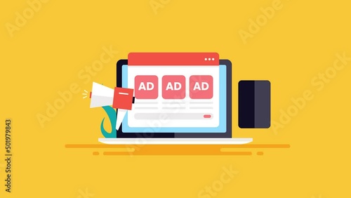 Advertising on ad network, social media ads on mobile, search engine advertising - business strategy conceptual 2d animation 4k video clip. photo