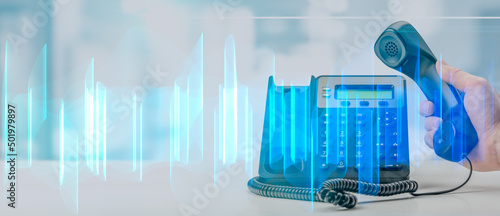 analysis of recorded voip telephone conversation. graphic interpretation of recording of office telephone business conversations. wide banner photo