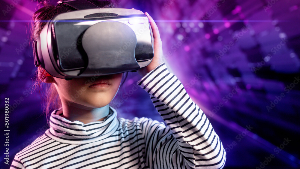 Happy girl in glasses of virtual reality. augmented reality, science, future technology concept. vr. futuristic 3d glasses with virtual projection Happy girl in glasses of virtual reality. augmented reality, science, future technology concept. vr. futuristic 3d glasses with virtual projection