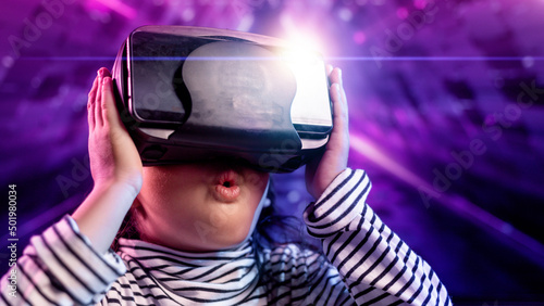 Happy girl in glasses of virtual reality. augmented reality, science, future technology concept. vr. futuristic 3d glasses with virtual projection © FAMILY STOCK