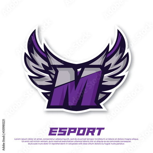 Eagle wing esport logo letter M design template, bird esport logo illustration, initial esport logo.