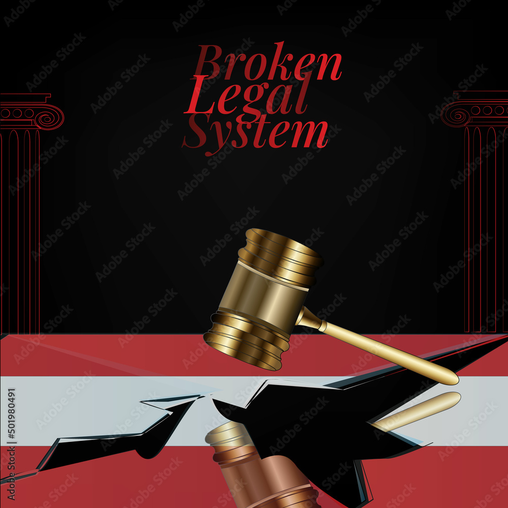 Austria's broken legal system concept art.Flag of Austria and a gavel