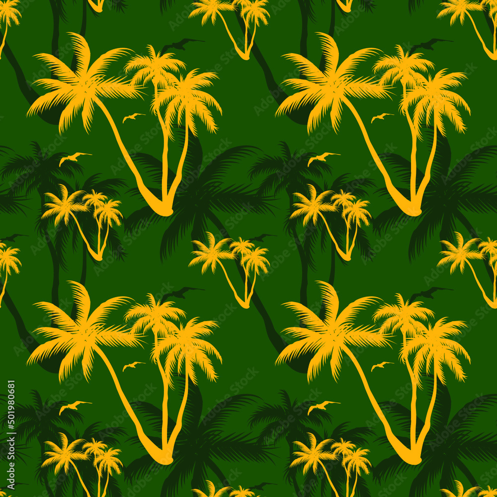Palm trees and birds yellow on green background, seamless pattern, texture for fabric design, wallpaper and tile, vector illustration
