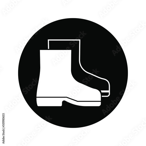 Wear protective footwear, shoes symbol, label, sticker, round black sign, vector illustration