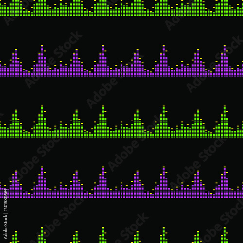 Rhythms of music.Digital sound waves on black background, seamless pattern, texture for fabric design, wallpaper and tile, vector illustration
