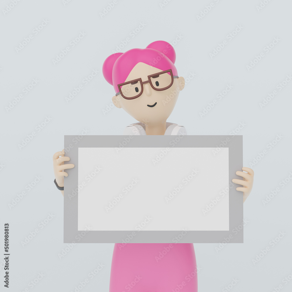 Portrait woman cartoon character holding white sign over green background.3d render illustration Portrait woman cartoon character holding white sign over green background.3d render illustration
