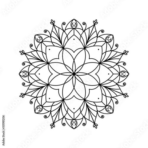 Hand drawn outline mandala art. Vector illustration isolated on a white background for coloring page, meditation, print and more.