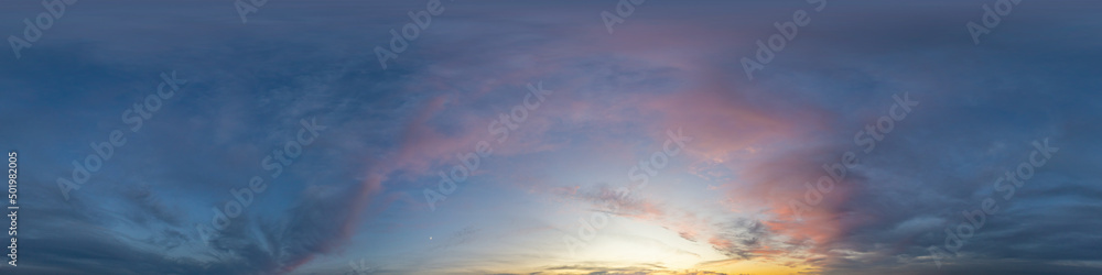 Fototapeta premium Dark blue sunset sky panorama with pink Cumulus clouds. Seamless hdr 360 pano in spherical equirectangular format. Full zenith for 3D visualization, game, sky replacement for aerial drone panoramas